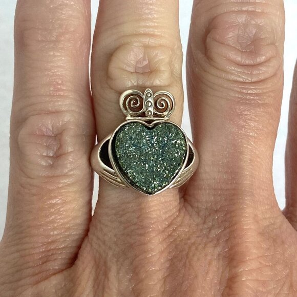Sterling Silver 925 Ireland JMH Jewelry Claddagh Titanium Druzy Heart Ring 5.75 - Picture 1 of 16